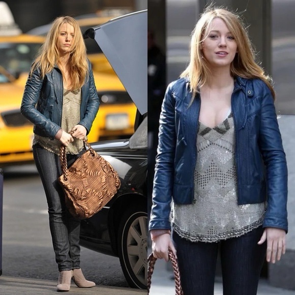 ASO Serena van der Woodsen Blue Leather Jacket - Picture 2 of 11
